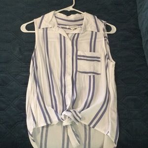 Blue and white striped tie front tank